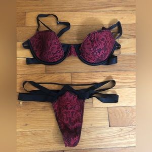 Victoria secret red lace and black straps. Size 34C and S thong. Gently worn.